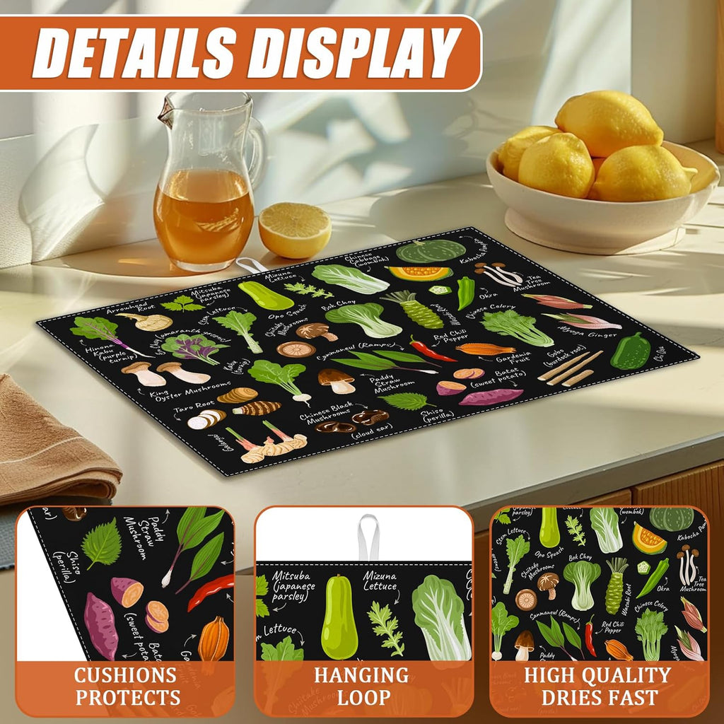 Vegetables Dish Drying Mat for Kitchen Counter Microfiber Absorbent Dish Kitchen Drying Mat Draining Reusable Washable for Dishes/Utensils/Counterto