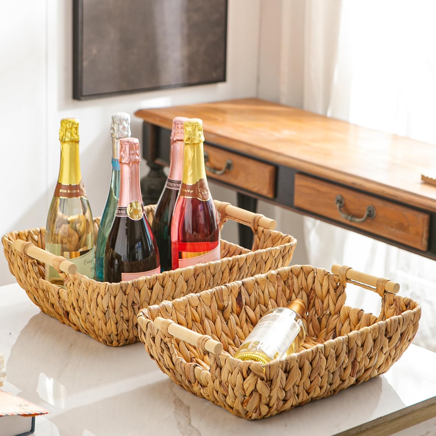 Woven Storage Baskets – Set of 2 Handwoven Water Hyacinth Wicker Baskets with Wooden Handles for Organizing, Decorative Baskets for Laundry Room, Home Decor - Large & Medium