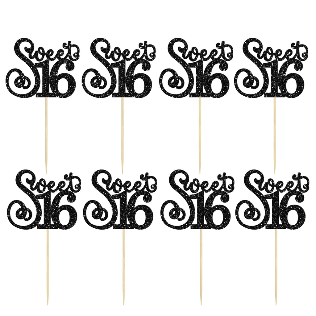 Gyufise 24 Pack 16th Birthday Cupcake Toppers Glitter Sixteen Happy Sweet 16 Cupcake Picks Cheers to 16 Years Old Cupcake Decorations for 16th Birthday Anniversary Party Cake Decorations Black