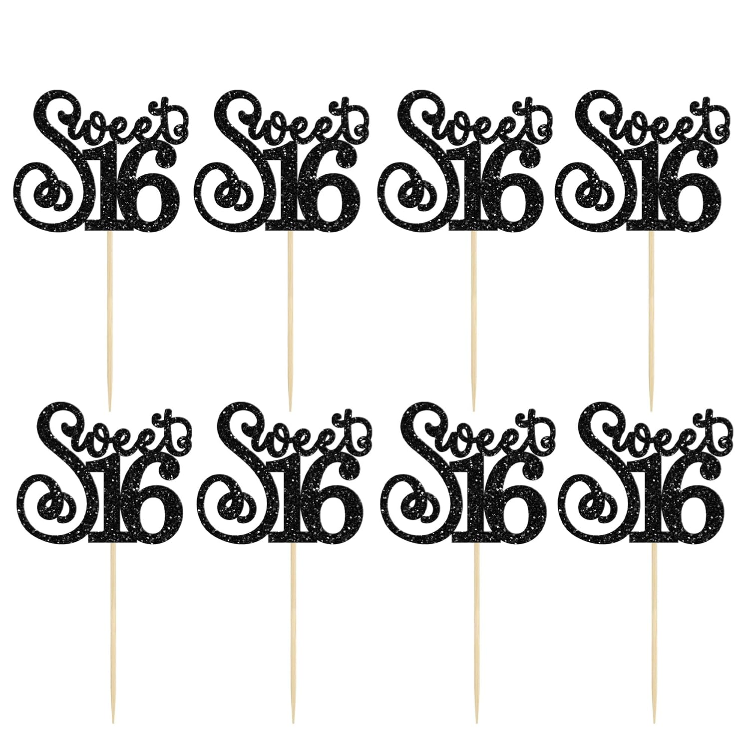 Gyufise 24 Pack 16th Birthday Cupcake Toppers Glitter Sixteen Happy Sweet 16 Cupcake Picks Cheers to 16 Years Old Cupcake Decorations for 16th Birthday Anniversary Party Cake Decorations Black