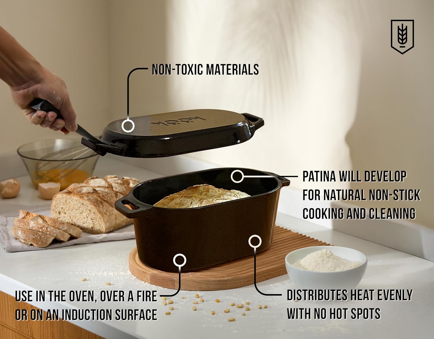 KooK Dutch Oven, Oven for Sourdough Bread Baking, with Lid, Dual Handles, Enameled Cast Iron, includes Lid Lever, Great for Baking Bread, Cooking and Roasting, Dishwasher Safe, 3.4 Qt, Black