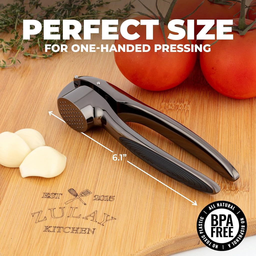 Zulay Kitchen Premium Garlic Press Set – Rust Proof & Dishwasher Safe Garlic Mincer Tool with Silicone Garlic Peeler & Brush, Easy Squeeze & Clean, Ergonomic Soft Grip Handle - Medium – Dark Gray