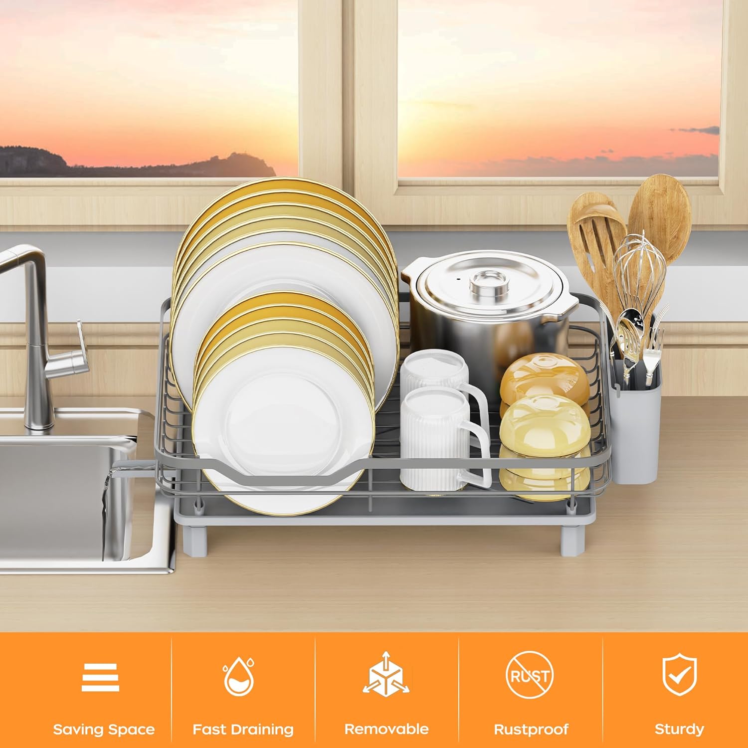 Dish Drying Rack, Stainless Steel Rustproof Dish Rack for Kitchen Counter, Sturdy Dish Drainer with Drainboard, Drainage, Utensil Holder for Various Kitchenware, 16.2"(L) x 12.6"(W), Grey
