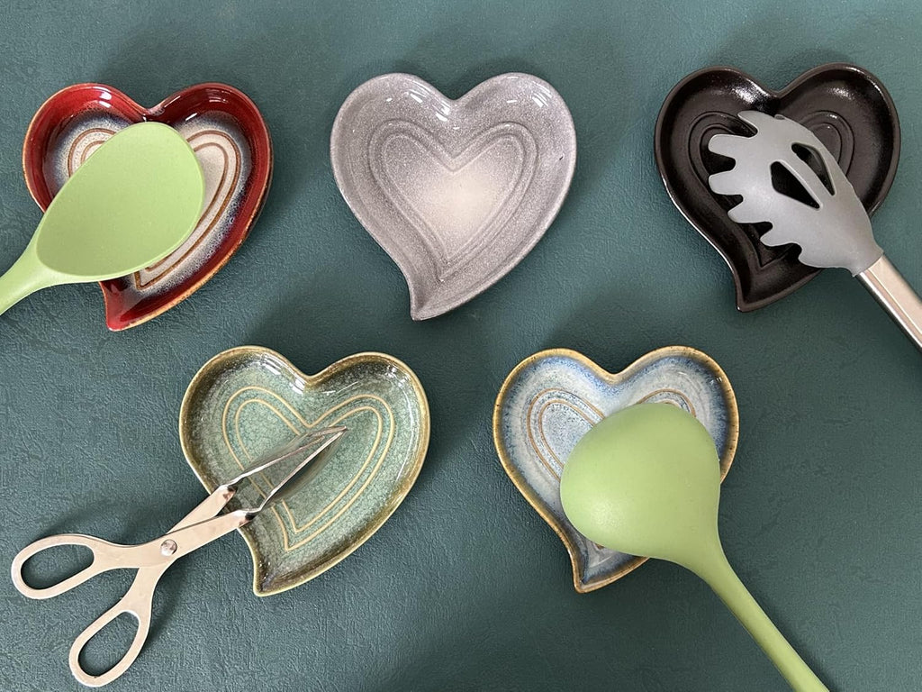 Ceramic Spoon Rest for Stove Top, Heart Cute Spoon Rest for Kitchen Counter, Cooking Spoon Holder for Kitchen Counter, Utensil Rest Spatula Rest Ladle Holder Tong Rest (Volcanic Ash Grey)