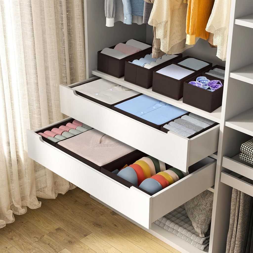DIMJ Drawer Organizer 15 Pack - Foldable Baby Organizers and Storage & Dresser Organizer for Nursery, Bedroom, Closet - Nursery Organization Dresser Dividers for underwear, Sock, Bra, Belt, Tie, Brown