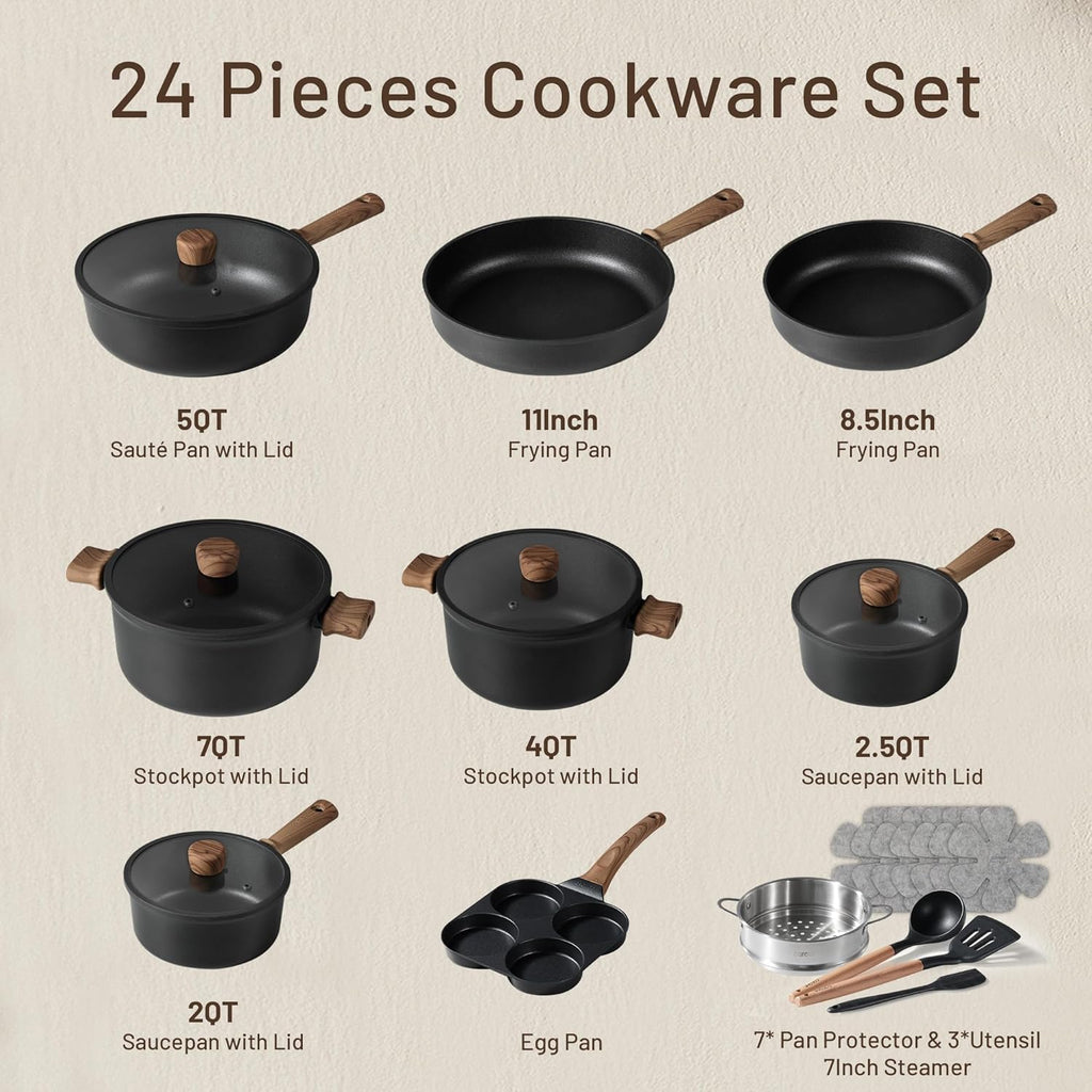 CAROTE Nonstick Kitchen Cookware Sets, Non stick Pots and Pans set, Induction Cookware Set 17pcs Black