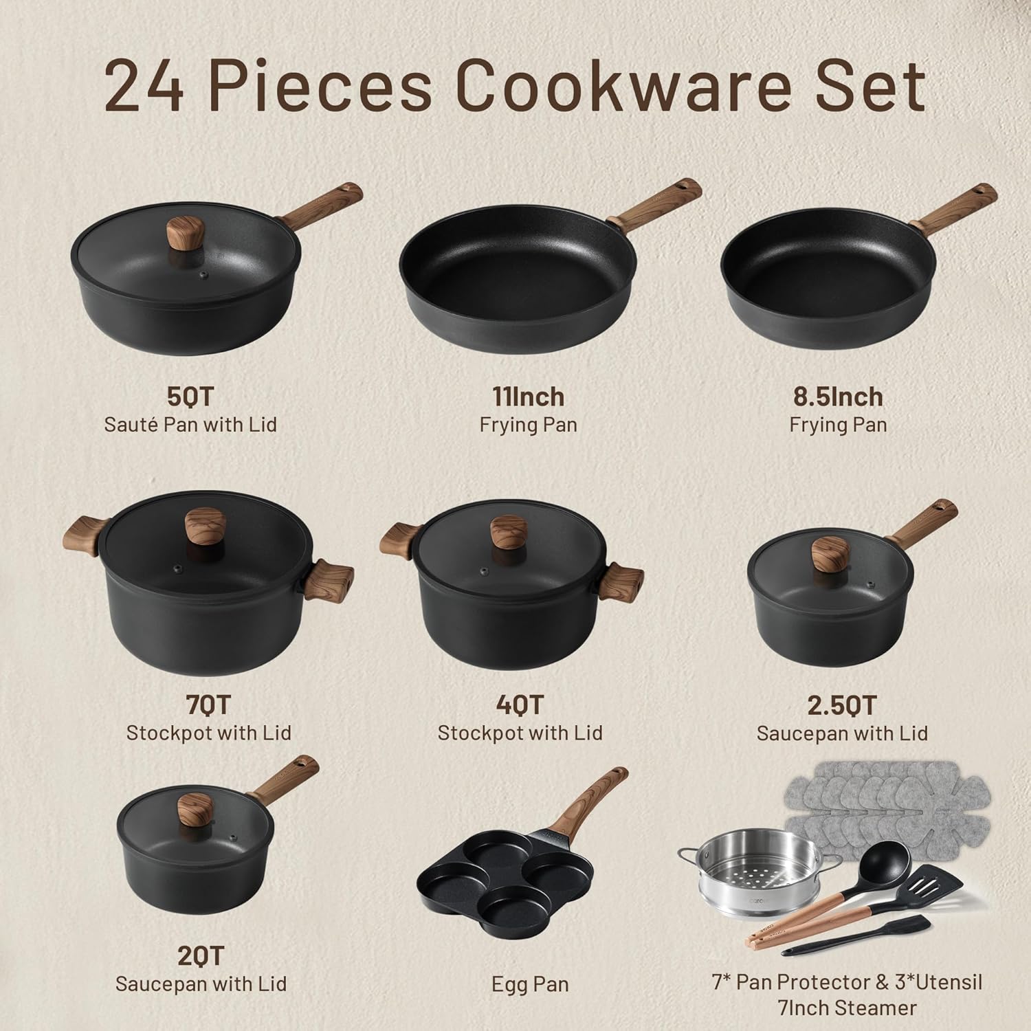 CAROTE Nonstick Kitchen Cookware Sets, Non stick Pots and Pans set, Induction Cookware Set 17pcs Black