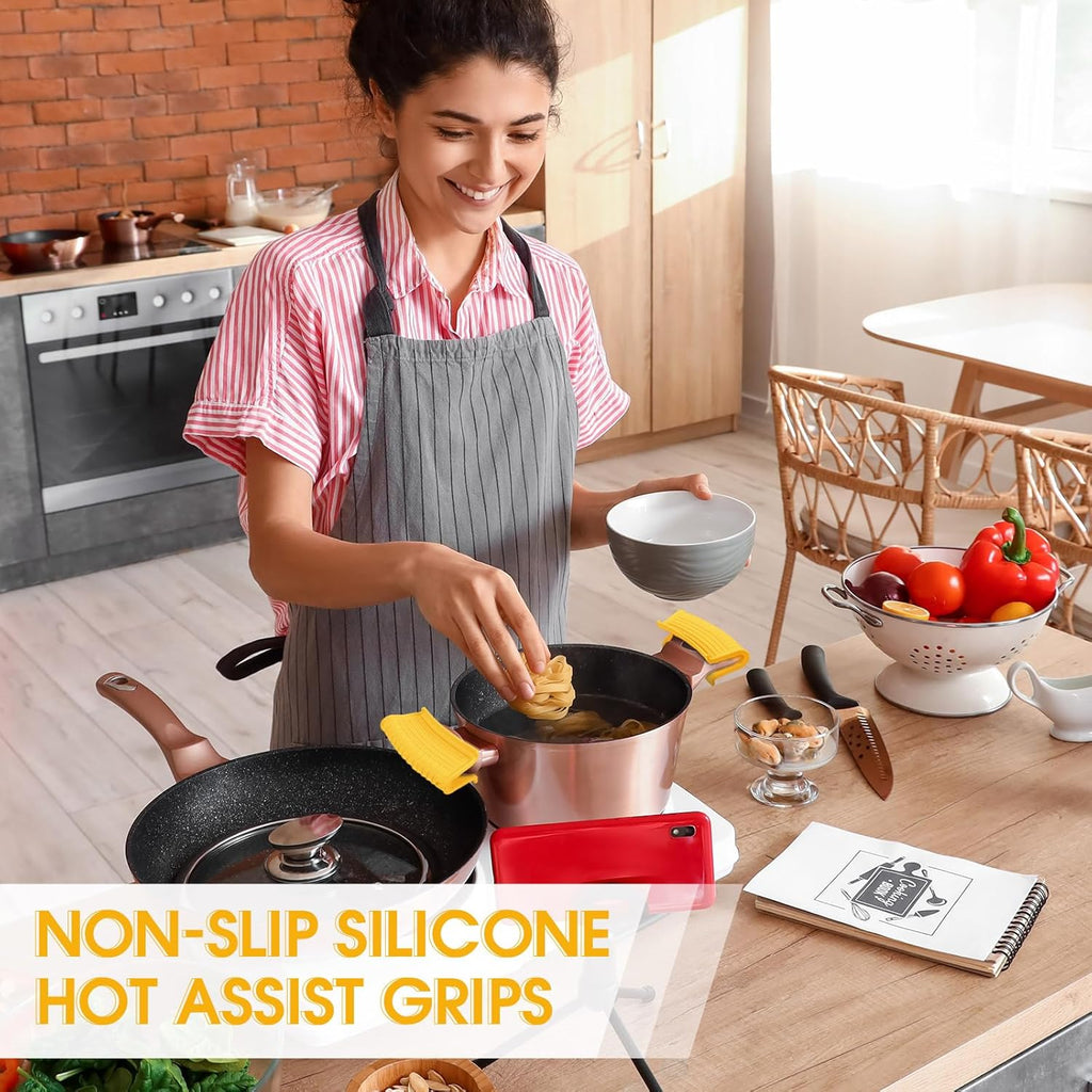 Patelai 4 Pcs Silicone Assist Hot Pan Handle Holder Pot Handle Covers for Cast Iron Skillets Holder Sleeve Nonslip Heat Resistant Pan Cover for Enameled Griddles Casserole Frying Cookware(Yellow)