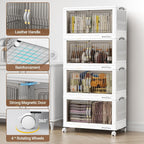 300Qt Stackable Storage Bins with Lid, Extra Large Closet Organizer Collapsible Drawer Boxes with Wheels, Folding Plastic Cabinet Containers for Home Kitchen Room Organization, 5Pack White