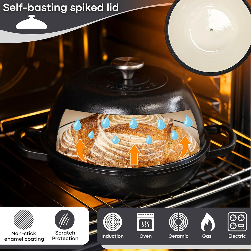 Enamelled Cast Iron Dutch Oven Pot – Dutch Oven For Sourdough Bread Baking – Cast Iron Bread Pot – Black, 6 Quarts, 22cm – by Nuovva