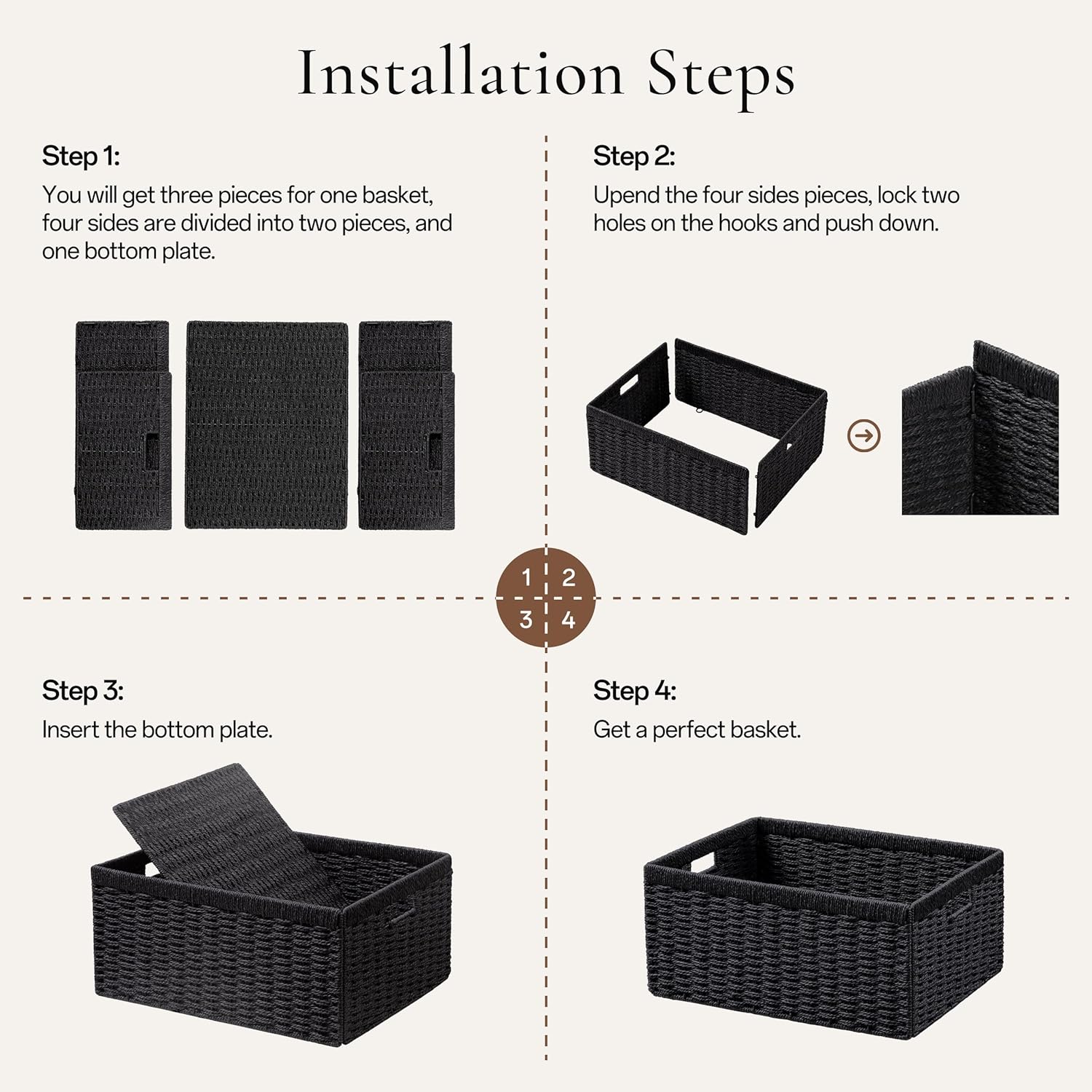 UBBCARE 3 Pack Wicker Basket, 13.4L×8.3H×7.1W inch Woven Paper Rope Storage Baskets for shelves, Foldable Rectangular Storage Baskets with Handle, Storage Basket for Organizing, Black