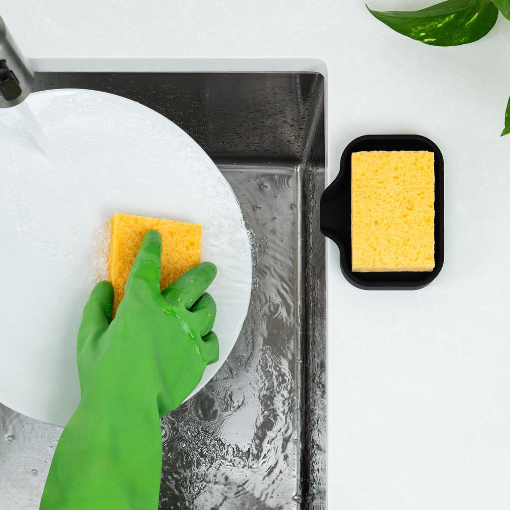 Zulay Kitchen Small Silicone Sponge Holder (4.9x3.3”) – Space-Saving Sink Organizer Tray for Sponge, Soap, Brush & More – Compact Non-Slip Dish for Kitchen & Bathroom (Black)