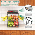 Giwil 3 Tier Countertop Fruit Mesh Basket for Kitchen, Vegetable Storage Bread Fruit Bowl Stand with 2 Banana Hooks, Wall Mounted Metal Wire Basket Organizer for Potato Onion, Black