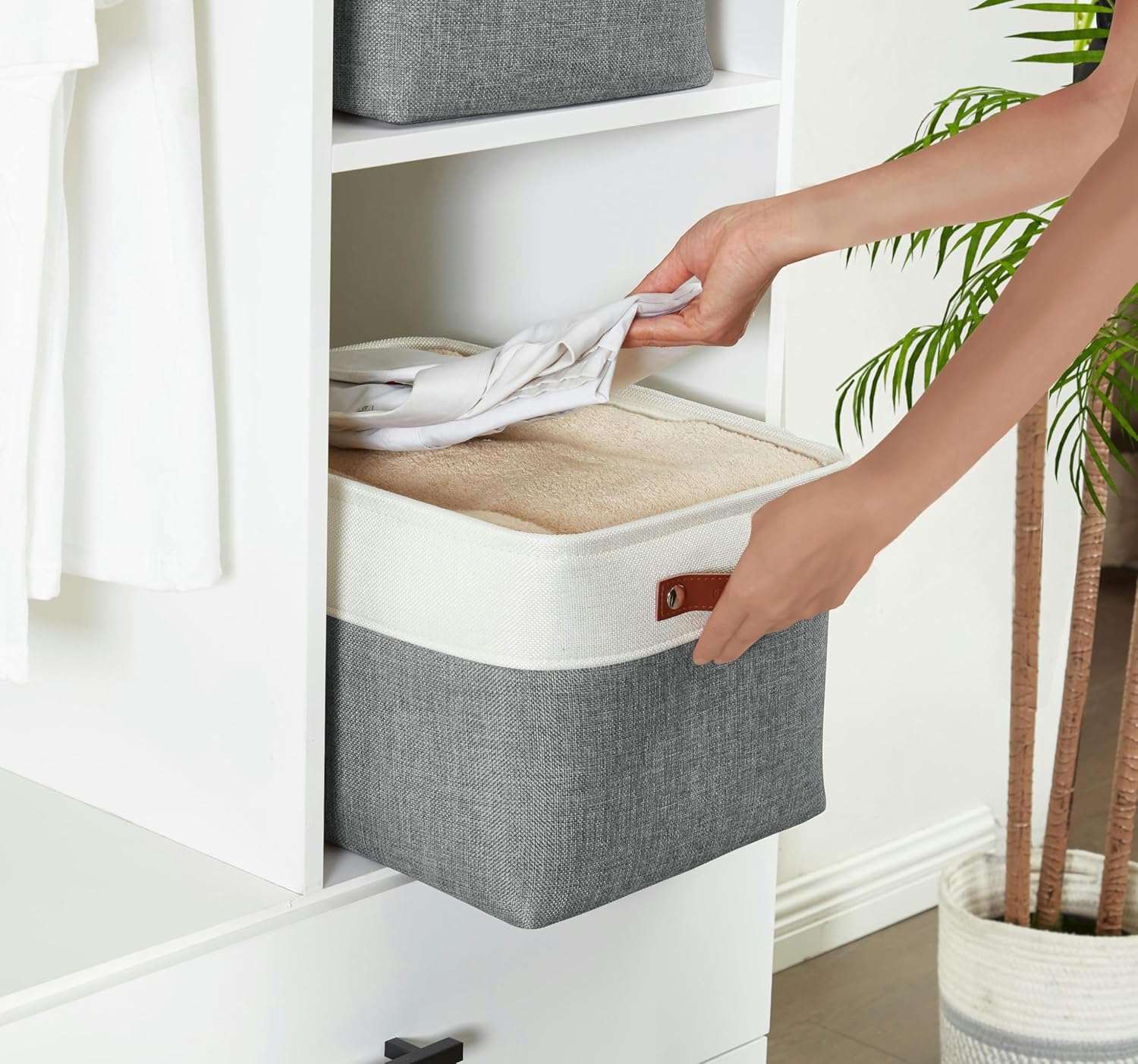 DECOMOMO Storage Baskets for Shelves - Fabric Storage Bins, Linen Closet Organizers and Storage (Slate Grey & White, Large - 3 Pack)