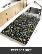 Rnivvi Dish Drying Mat for Kitchen Counter, XL 15 x 24" Cute Flower Theme Super Absorbent Drainer Pad, Non-Slip Heat Resistant Coffee Bar Mat for Coffee Machine Station Accessories,Black Dish Rack Pad