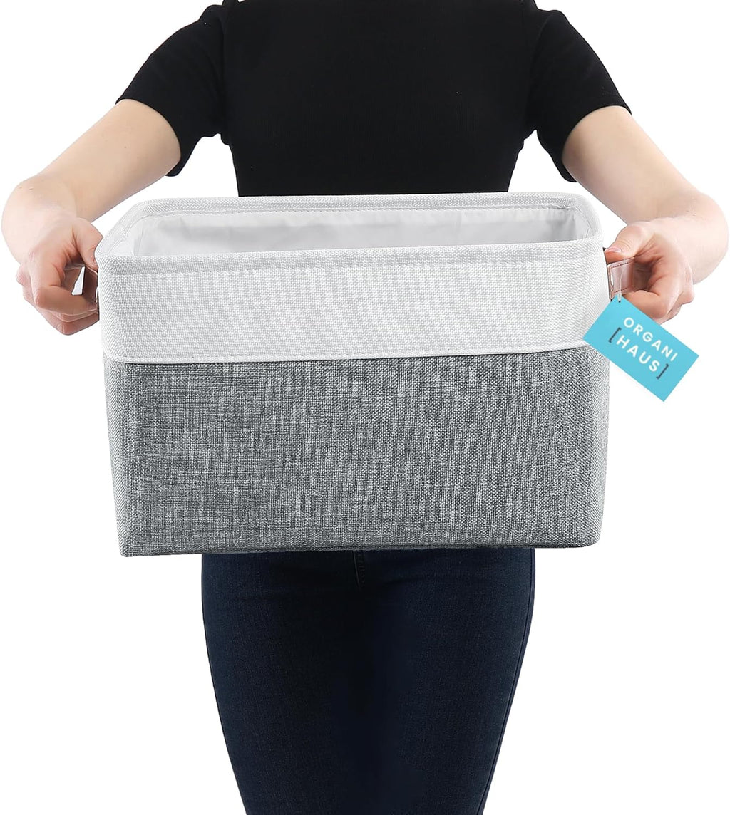OrganiHaus Large Fabric Storage Baskets for Shelves 3 Pack, 15x11in Closet Storage Bins for Shelves, Cloth Baskets for Organizing, Linen Closet Organizers, Fabric Basket, Gray/White