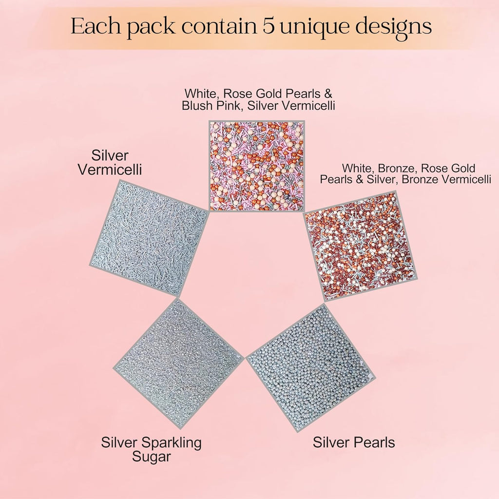 Confect Edible Cake Sprinkles Mix – Silver, Bronze & White Pearls, Silver Jimmies, Sparkling Sugar – Dessert Toppings for Cakes, Cupcakes, Cookies & Baking Decoration | Vegan, Gluten-Free, Nut-Free, Soy-Free, Dairy-Free, Palm Oil-Free- 5 Oz