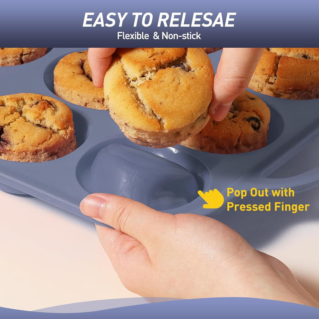 2 Packs 12 Cups Silicone Muffin Pan with Metal Reinforced Frame Regular Size Cupcake Pan Tray Egg Bites Silicone Circle Cookie Molds Muffin Tin Bread Loaf Pans for Homemade Reusable Tart Pans