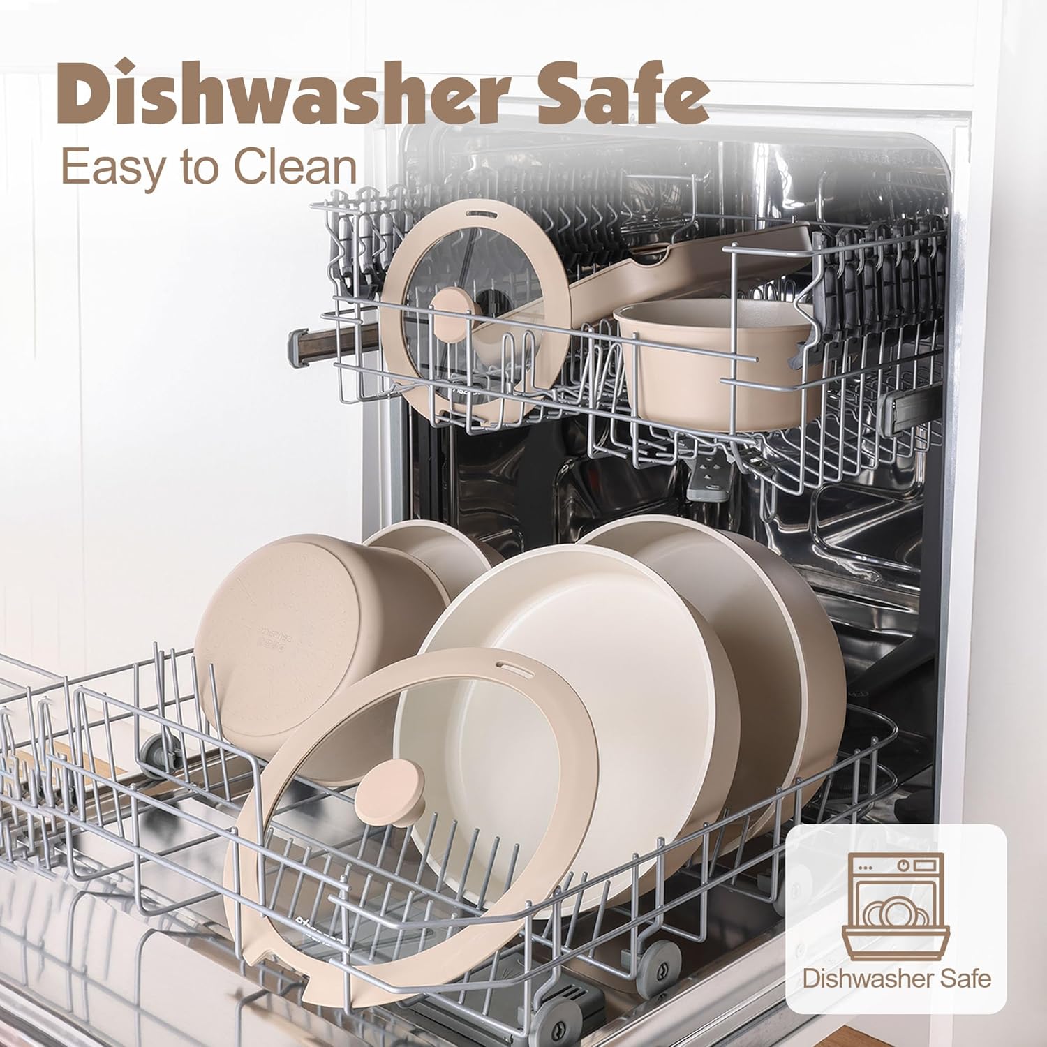 SENSARTE 17 Piece Ceramic Pots and Pans Set, Nonstick Detachable Handle Cookware, Induction Kitchen Cookware Set with Removable Handle, Dishwasher ＆ Oven Safe (Almond Beige)