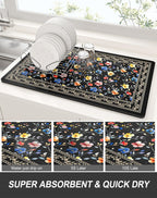 Rnivvi Dish Drying Mat for Kitchen Counter, XL 15 x 24" Cute Flower Theme Super Absorbent Drainer Pad, Non-Slip Heat Resistant Coffee Bar Mat for Coffee Machine Station Accessories,Retro Dish Rack Pad