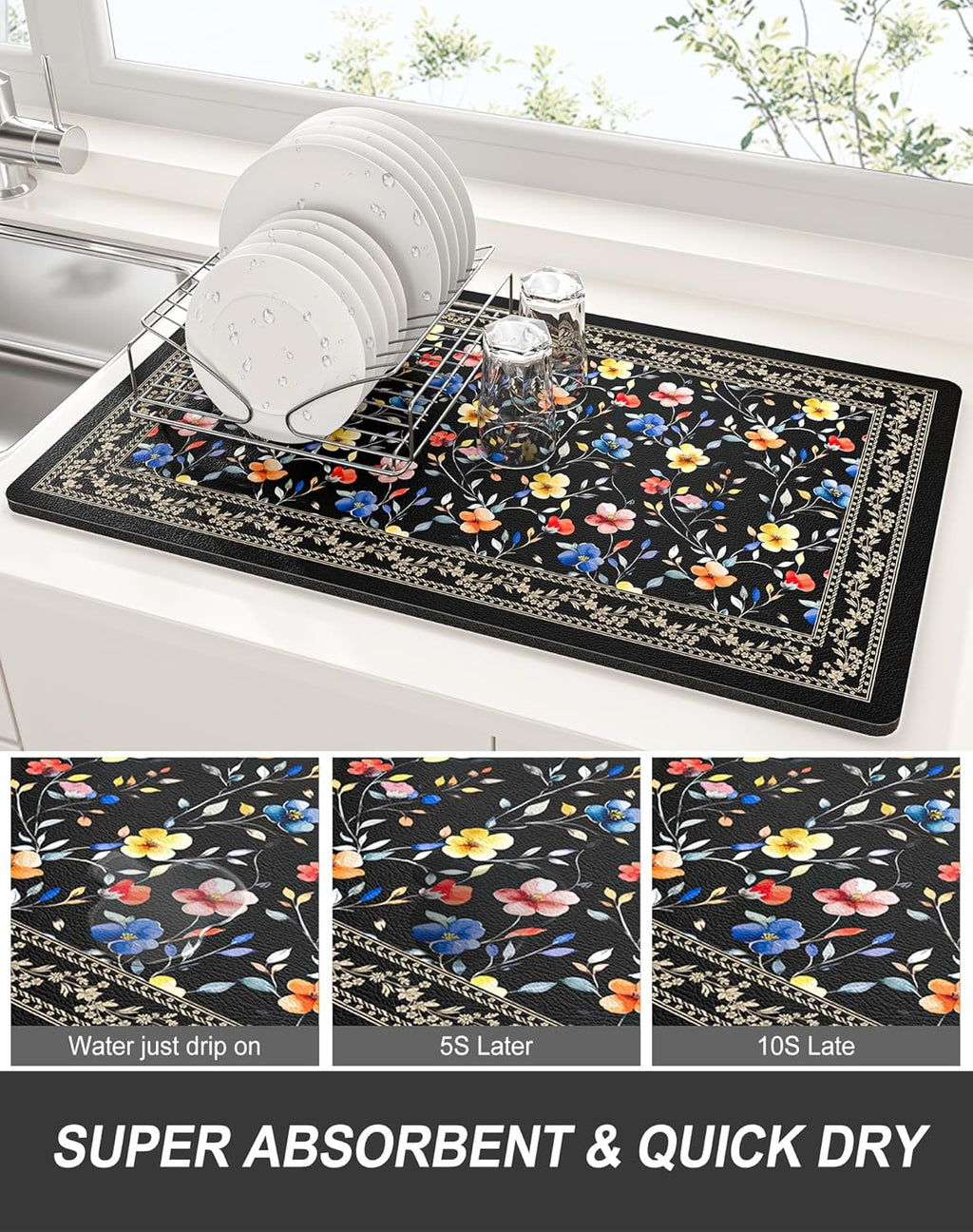 Rnivvi Dish Drying Mat for Kitchen Counter, 12 x 19" Cute Flower Theme Super Absorbent Draining Pad, Non-Slip Heat Resistant Coffee Bar Mat for Coffee Machine Station Accessories, Retro Dish Rack Pad