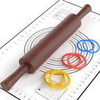 Classic Wooden Rolling Pin with Handle and Pastry Mat for Fondant, Pizza, Pies, Cookies,Rolling Pin for Baking with 3 Multi-Color Thickness Rings,17" x 2.5" (Include handle)
