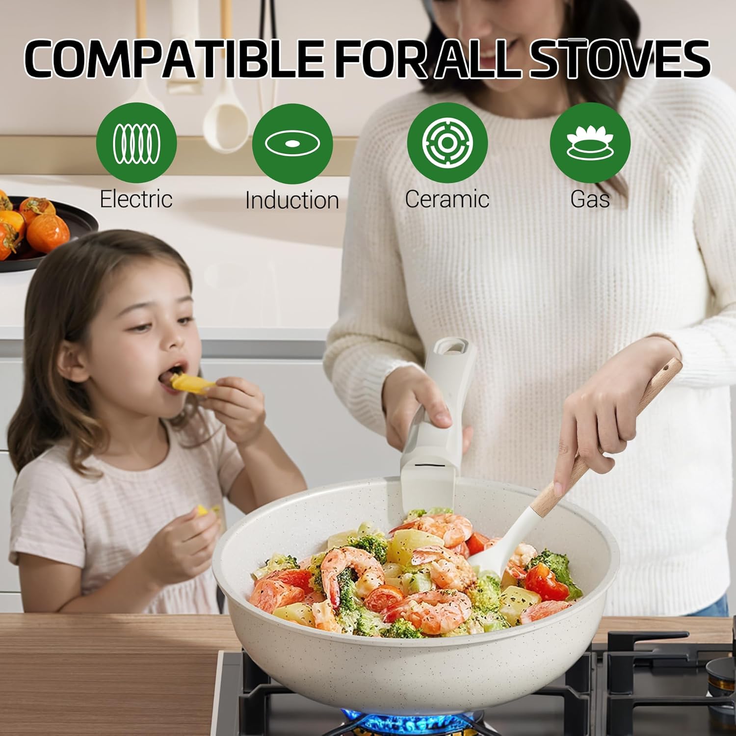 26 Pcs Pots and Pans Set Non Stick, Ceramic Cookware Set Non Toxic with Detachable Handles, Healthy Induction Cookware Dishwasher Oven Safe RV Kitchen Set, PFAS PFOA & PTFE Free, Cream White