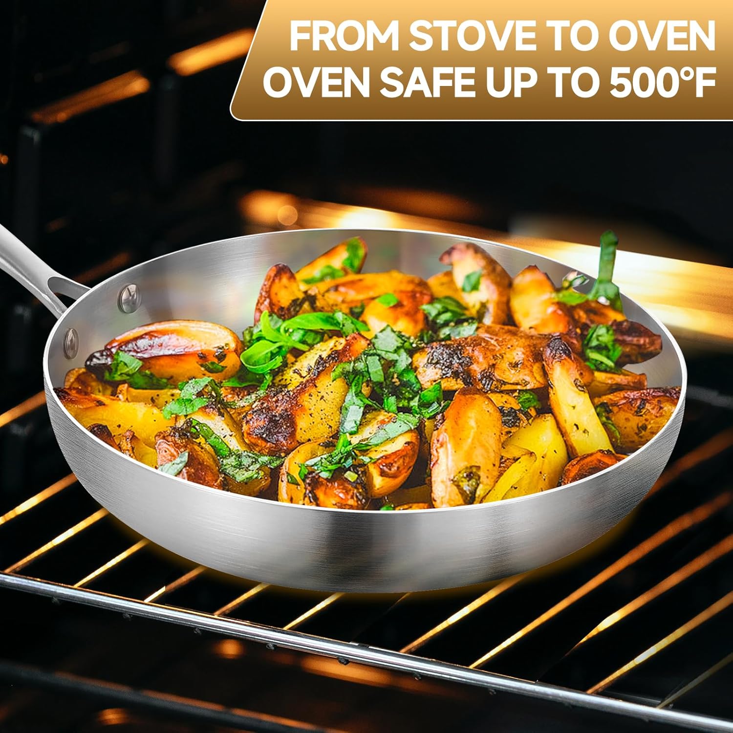 Inqibee 12 Inch Tri-Ply Stainless Steel Frying Pan with Lid and Helper Handle,Skillet,Induction Cooking Pan,Dishwasher and Oven Safe,Detachable Handle.