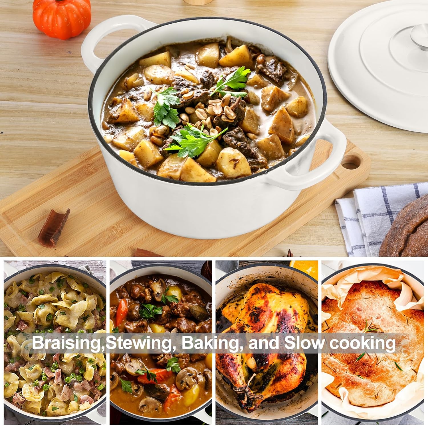 E-far 6 Quart Dutch Oven, Enameled Cast Iron Dutch Oven Pot with Lid, Nonstick Round Cookware for Braising/Stews/Roasting/Bread Baking/Cooking, Heavy Duty, Induction & Oven Safe - White