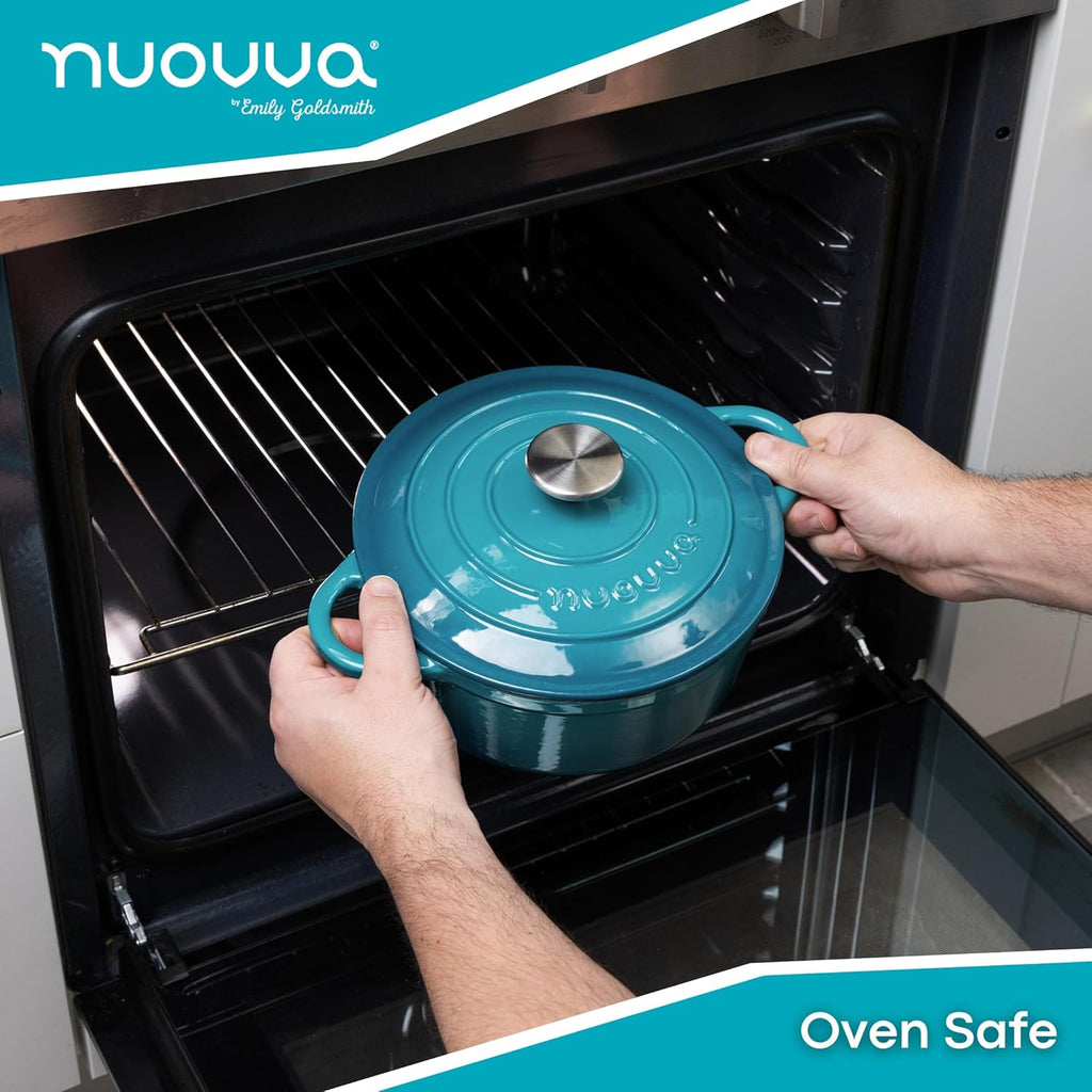 Cast Iron Dutch Oven with Lid – Non-Stick Ovenproof Enamelled Casserole Pot – Sturdy Dutch Oven Cookware – Teal, 3.1-Quart, 22cm – by Nuovva
