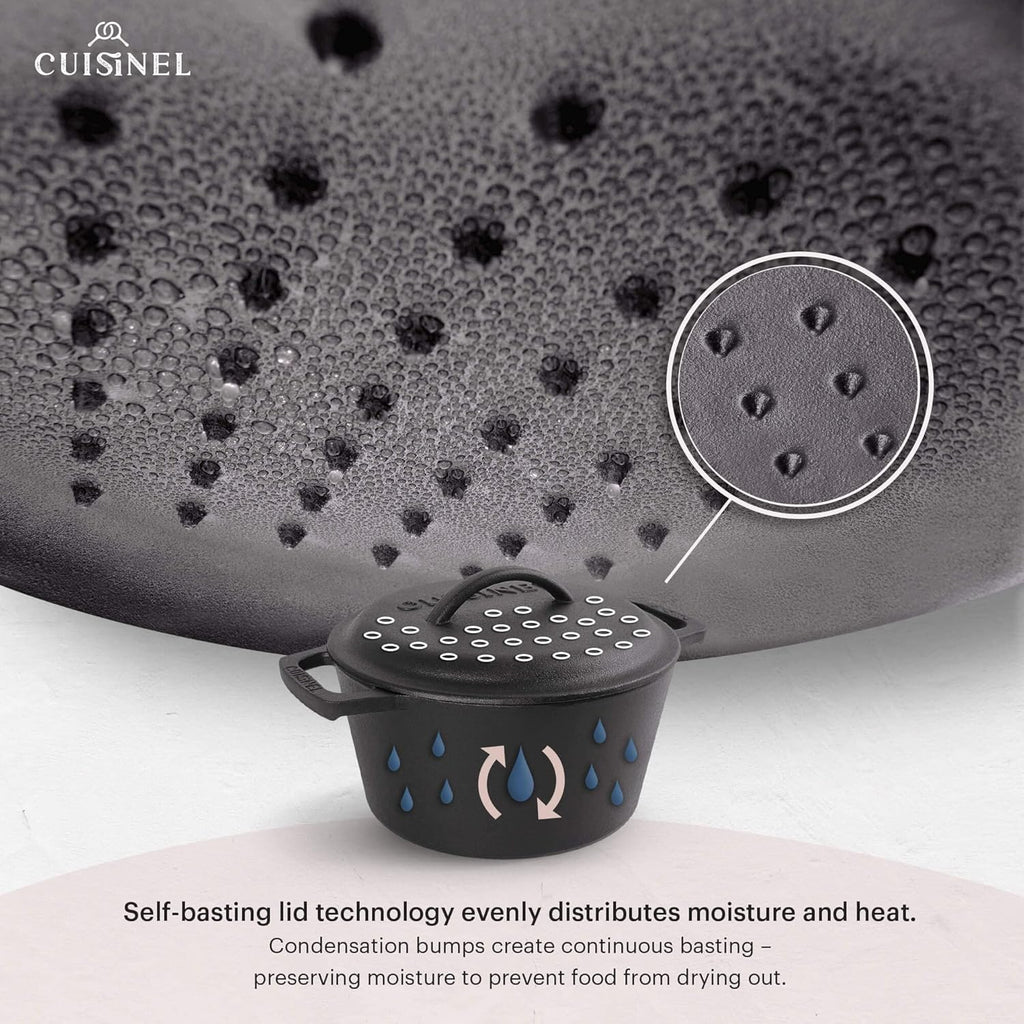 Cuisinel Cast Iron Dutch Oven - 3-Quart Deep Pot + Lid + Pan Scraper + Handle Covers - Large Pre-Seasoned Cooker for Baking Bread, Soup, Frying - Indoor/Outdoor Kitchen, Camping, Fire, BBQ Cookware