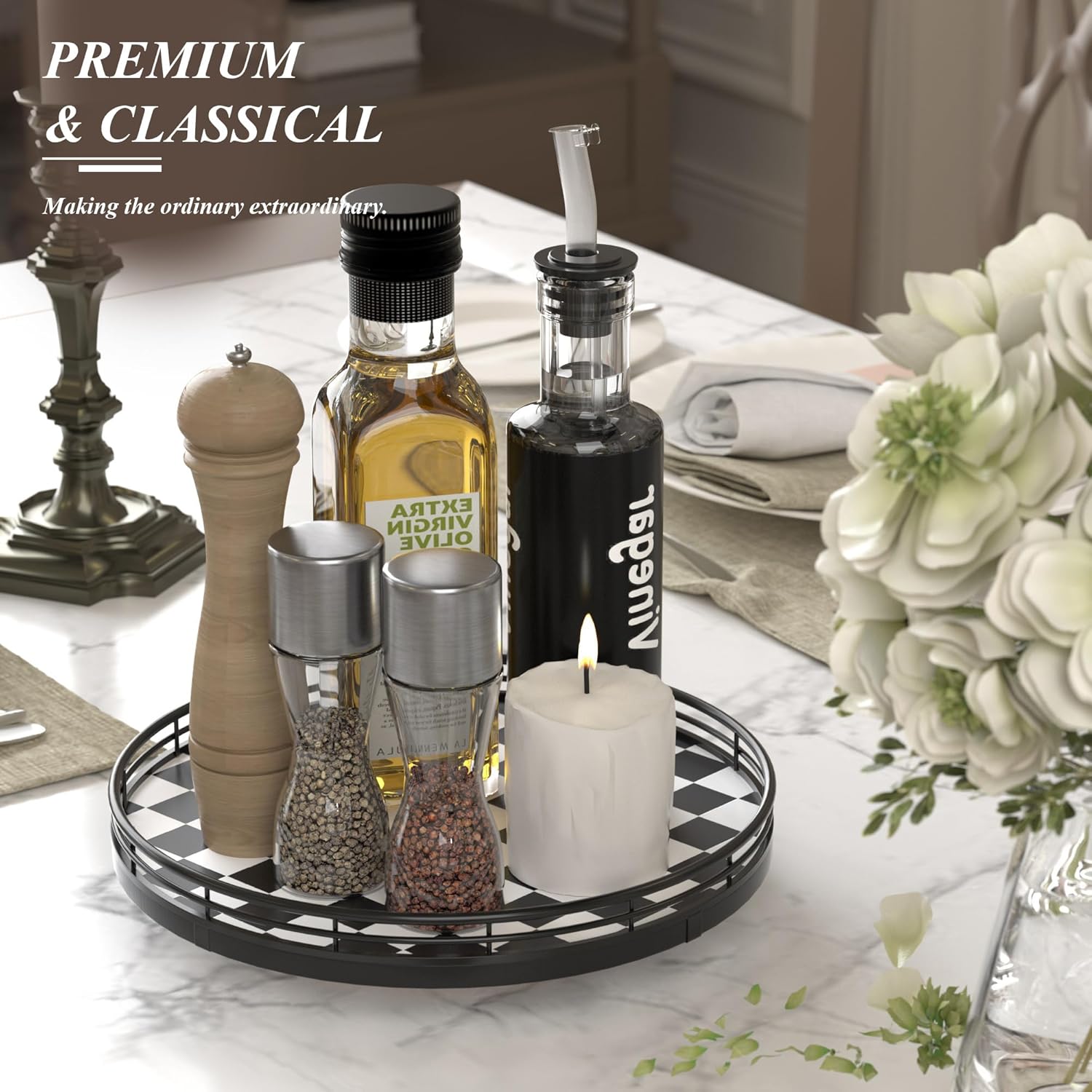 Black and White Kitchen Lazy Susan Turntable – Checkered Round Decorative Tray, 10” Table Top Oak Wood Lazy Susan for Cookies, Dining Table Organizer, Small Kitchen Table Centerpiece