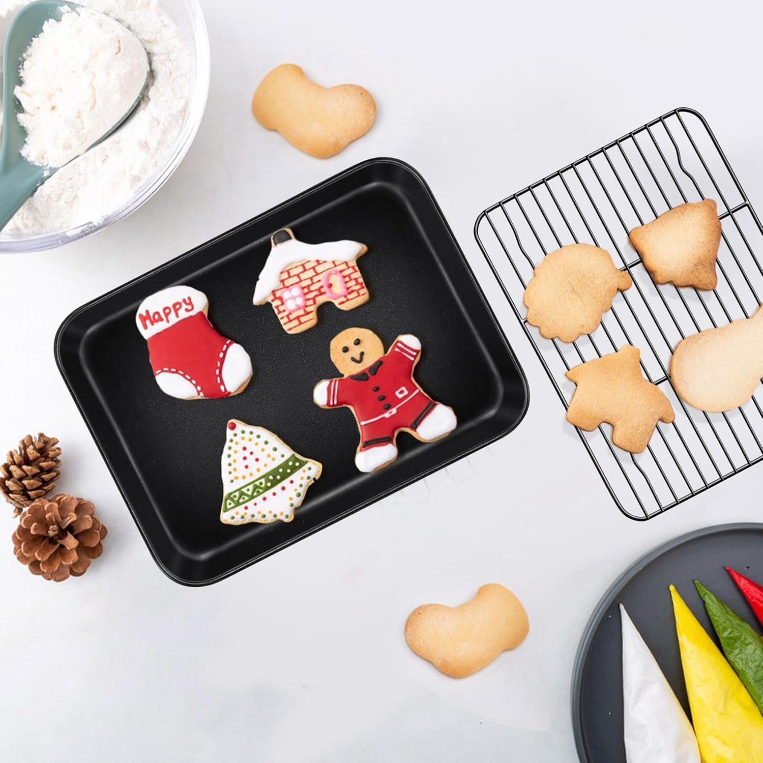 TeamFar Toaster Oven Pans with Racks Set, 9.25 x 7 x 1 Inch Carbon Steel Mini Baking Pan Tray with Rack for Roasting Cooling, Non-Toxic & Heavy Duty, Nonstick & Easy Clean, (2 Pans & 2 Racks)