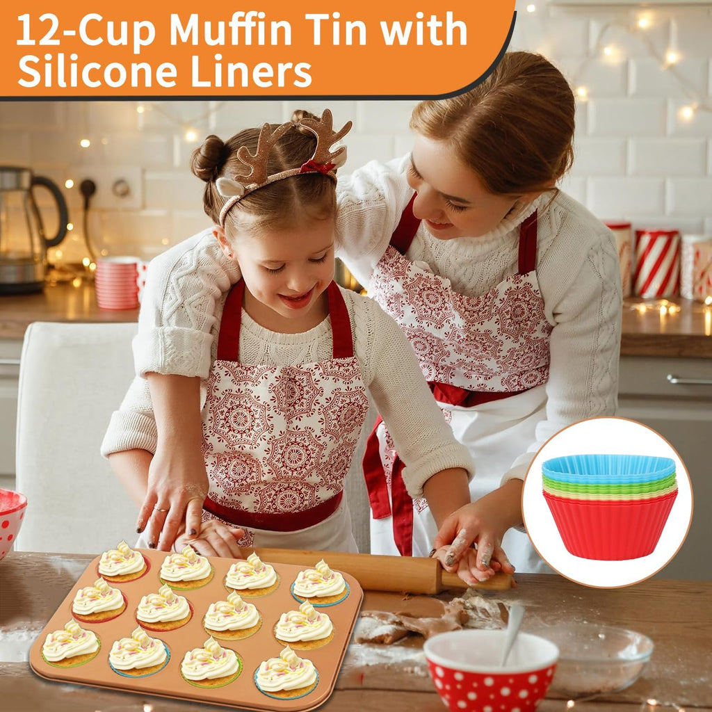 Baking Pans Set 6-Pieces, Non Stick Bakeware Set Stackable, with Cookie Sheet, Muffin, Round/Square Cake Pan, Loaf Pan, Rack, Oven Mitt for Home Baker, Gold