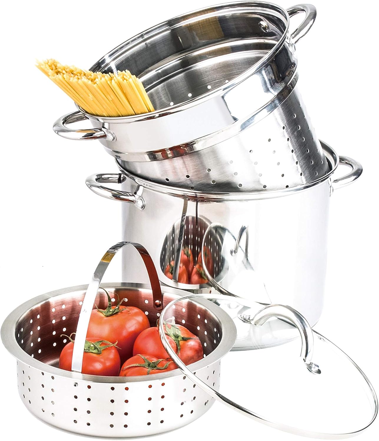Stainless Steel 8-Quart Nonstick 4-Piece Multi-Cooker with Steamer and Pasta Pot Cookware Set