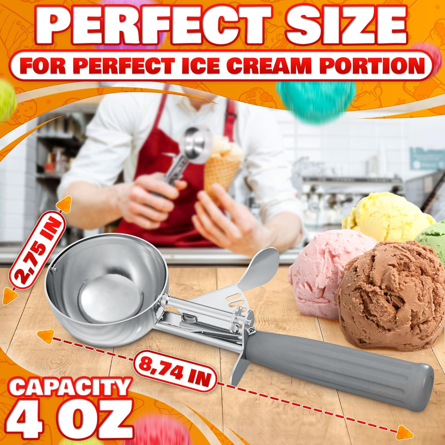 4 oz Ice Cream Scoop with Trigger Release #8 – Stainless Steel Versatile Tool for Baking, Cookies and Desserts Spoons, Easy-to-Clean, Dishwasher-Safe, Ergonomic Design for Precise Culinary Portions