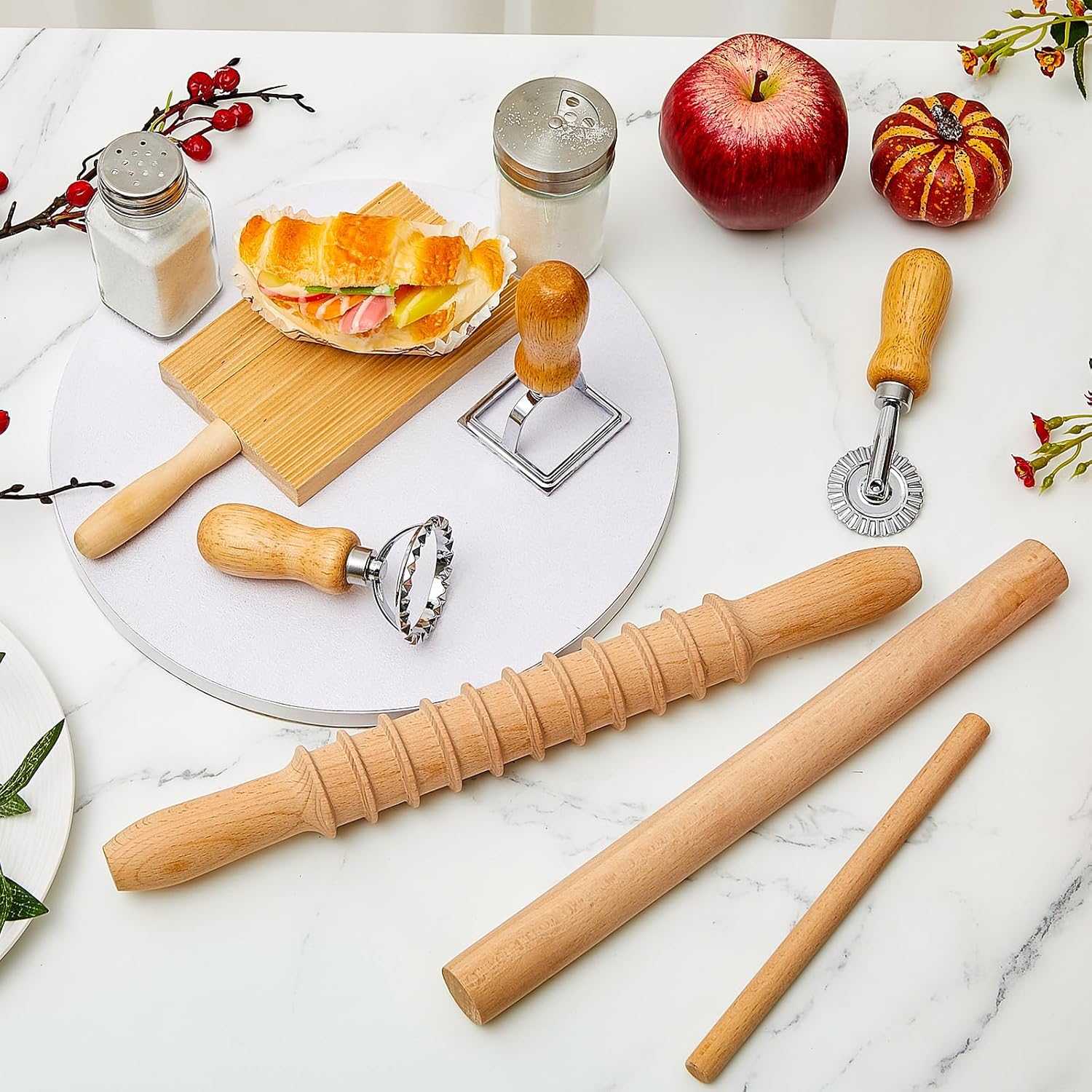 Tioncy 7 Pcs Gnocchi Pasta Making Tool, Wood Gnocchi Board with Ravioli Stamp and Rolling Pin Set Homemade Kitchen Gift for Baking Lovers(Pasta Style)