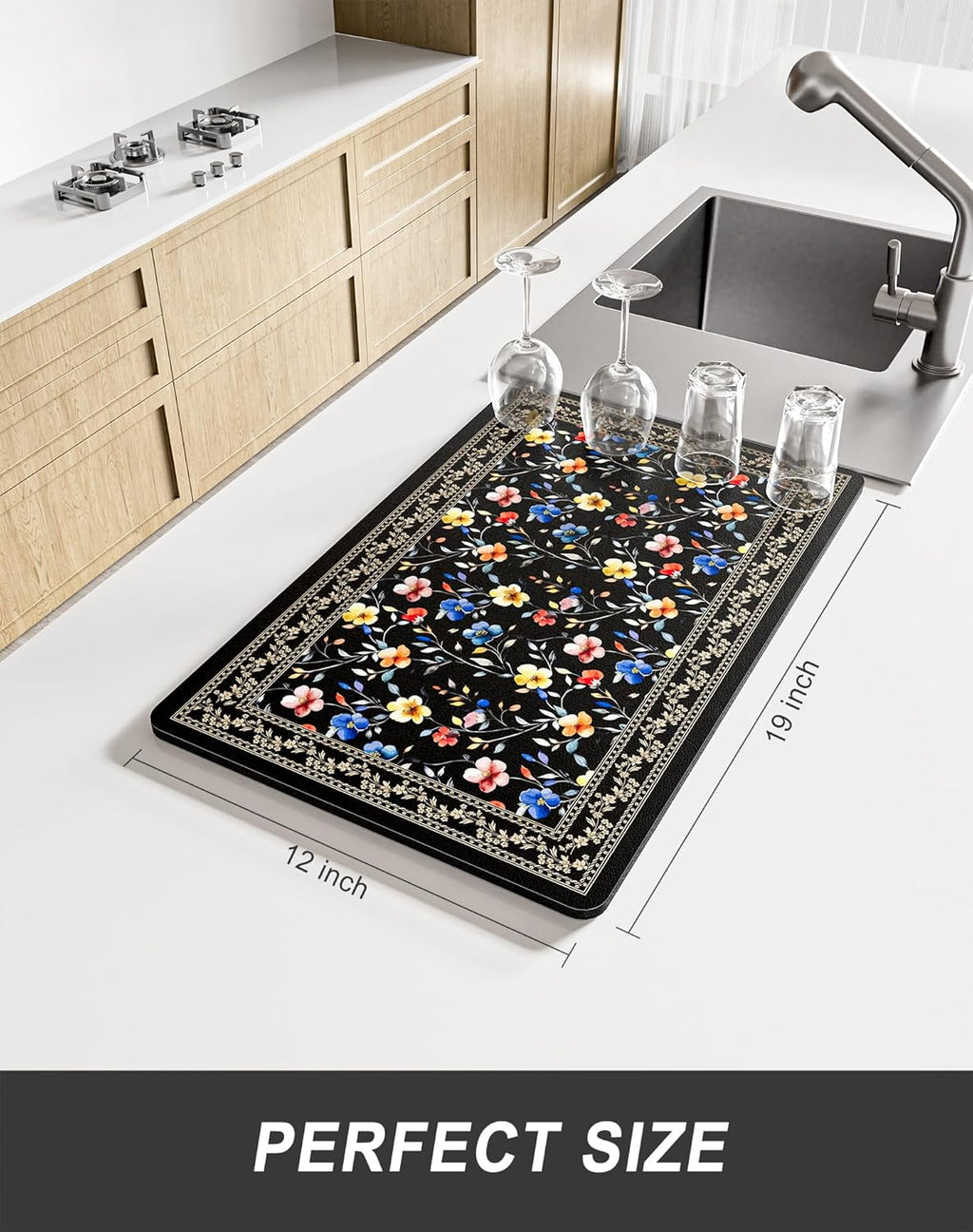 Rnivvi Dish Drying Mat for Kitchen Counter, 12 x 19" Cute Flower Theme Super Absorbent Draining Pad, Non-Slip Heat Resistant Coffee Bar Mat for Coffee Machine Station Accessories, Retro Dish Rack Pad