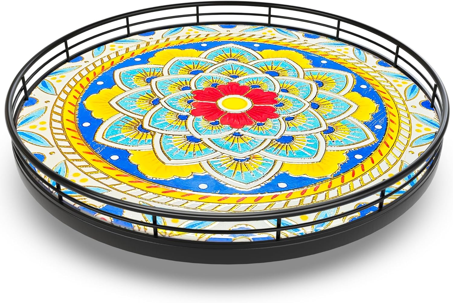 Decorative 3D Art Ceramic Lazy Susan for Table Top, 10.2" Boho Oak Wooden Lazy Susan Turntable Organizer for Dining Table Centerpiece Kitchen Countertop Coffee Table Decor Porcelain Tray Home Crafts