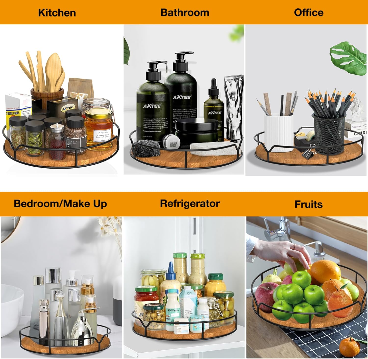 Lazy Susan Turntable Organizer for Cabinet Pantry Kitchen Countertop Refrigerator Cupboard, Pine Wood, 9", Carbonized Black