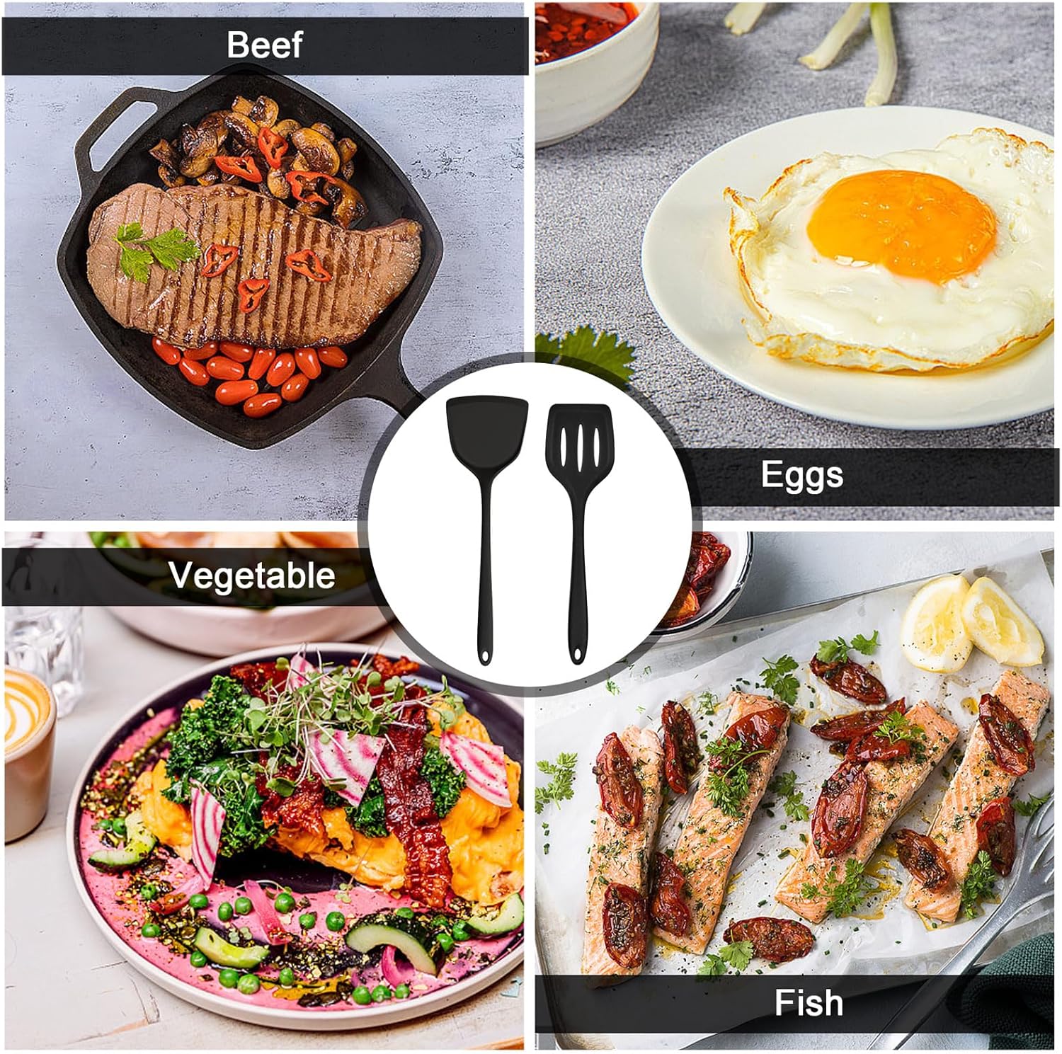 TeamFar Silicone Spatulas, 2pcs Solid & Slotted Cooking Turner for Non-stick Cookware, Kitchen Utensils for Flipping/Frying, Healthy & Seamless, Heat-Resistant & Non-Scratch, Dishwasher Safe, Black