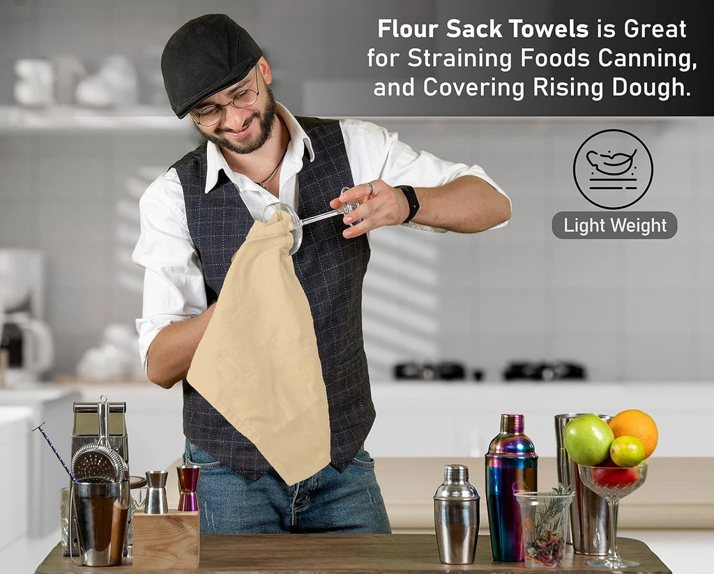 RUVANTI Flour Sack Towels 12 Pack 28 x 28 Inches, Ring Spun 100% Cotton Dish Towel, Machine Washable, Absorbent - Flour Sack Kitchen Towels for Drying and Cleaning - Camel