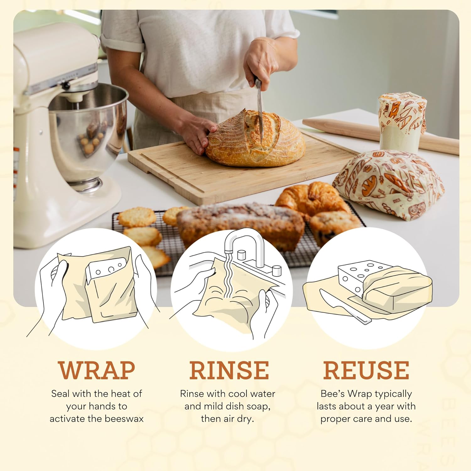 Bee's Wrap Beeswax Wraps for Food - Bakery Lane Bread Wrap - Made in USA Reusable Bread Storage Bags - Organic & Eco-Friendly Alternative to Aluminum Foil, Sourdough Bags & Plastic Wrap