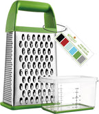Spring Chef Professional Green 10" Parmesan Cheese Grater With Container, Stainless Steel Food Grater for Kitchen with Handle, 4 Sided Carrot Shredder, Handheld Vegetable & Cabbage Shredder