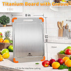 100% Pure Titanium Cutting Board with Grooves, Update Double Side Titanium Chopping Board, Silicone Anti-slip Stainless Cutting Boards for Kitchen 8 * 12 IN, Orange