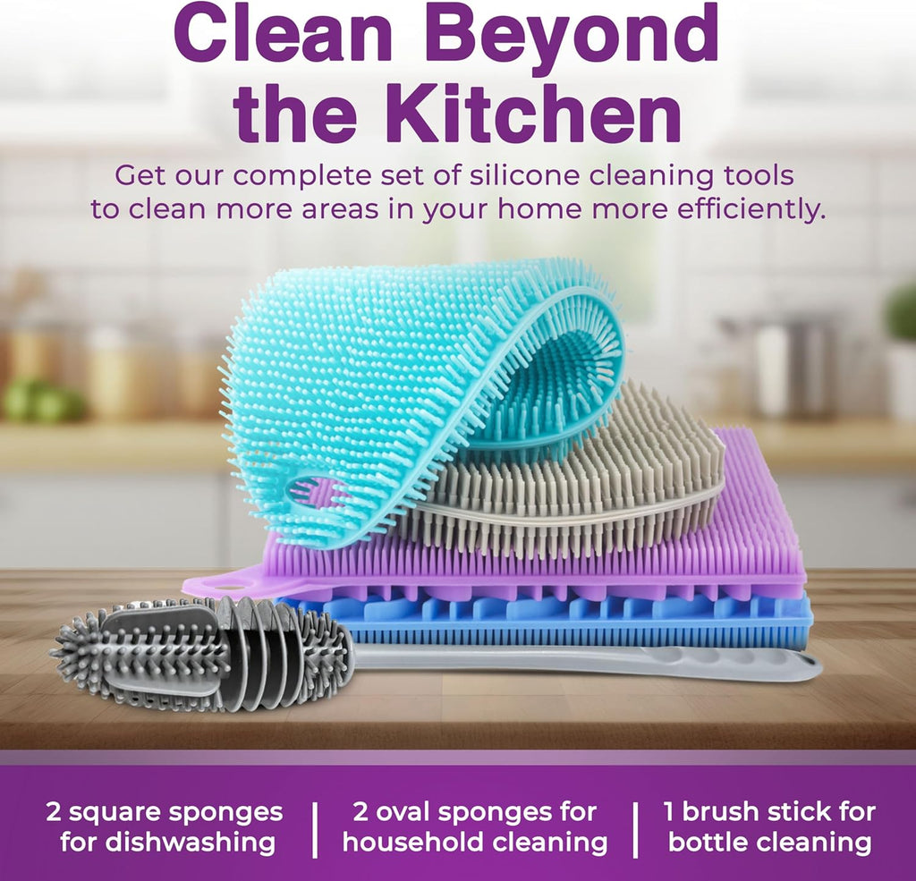 Silicone Dish Scrubber Sponges (5-Pack) - Dual-Sided Silicone Scrubbers and 1 Bottle Stick Brush - Food Grade Kitchen Scrubbers for Dishes - BPA-Free Sponges