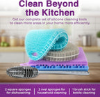 Silicone Dish Scrubber Sponges (5-Pack) - Dual-Sided Silicone Scrubbers and 1 Bottle Stick Brush - Food Grade Kitchen Scrubbers for Dishes - BPA-Free Sponges