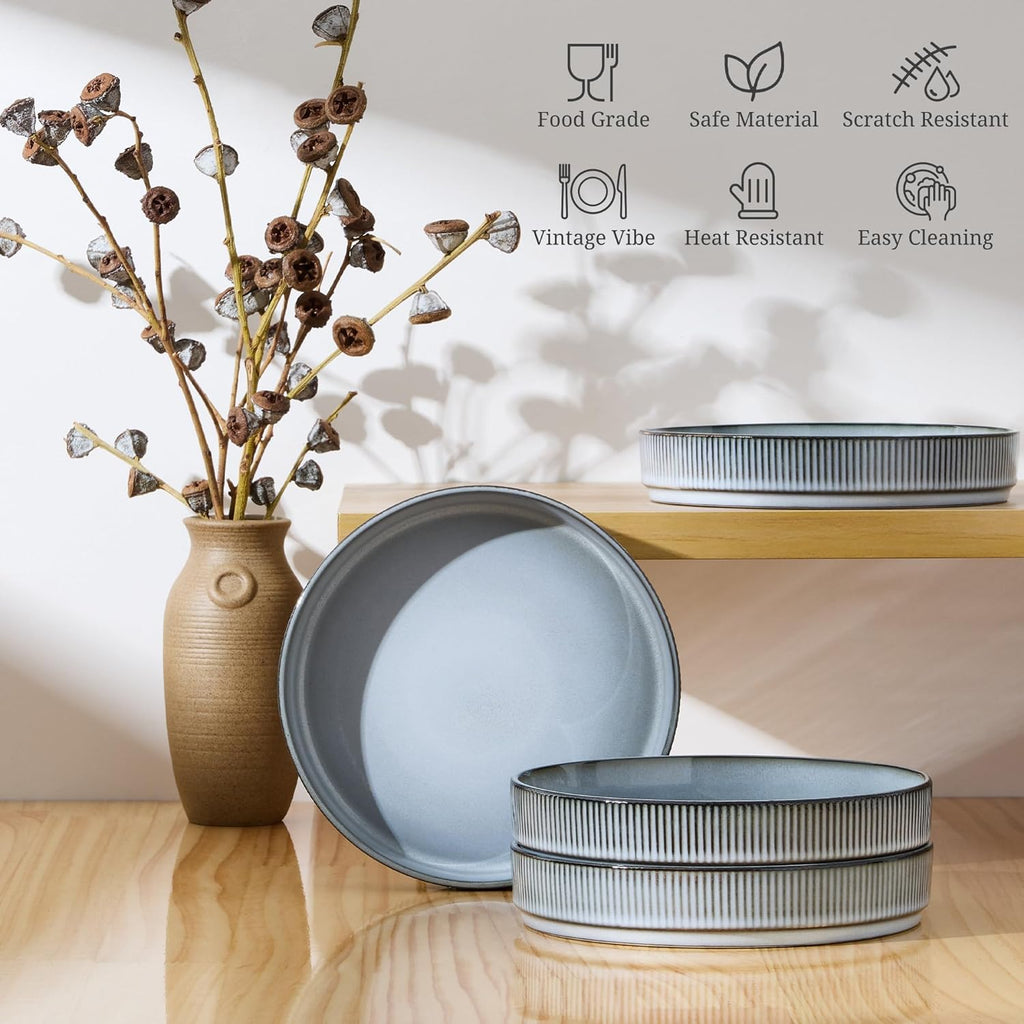 E-far Pasta Bowls Set of 4, 35oz Large Salad Bowl Plate for Dinner Serving Soup, Wide & Shallow Ceramic Stoneware Pasta Plates, Microwave & Dishwasher Safe, Reactive Glaze Textured Stripes, Dusty Blue