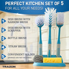 Dish Brush Set of 5 with Convenient Holder, Bottle Water Brush, Dish Scrub Brush, Scrubber Brush and Straw Brush - Kitchen Scrub Brushes Non Slip Long Handle for Sink Dishes Cup Pot