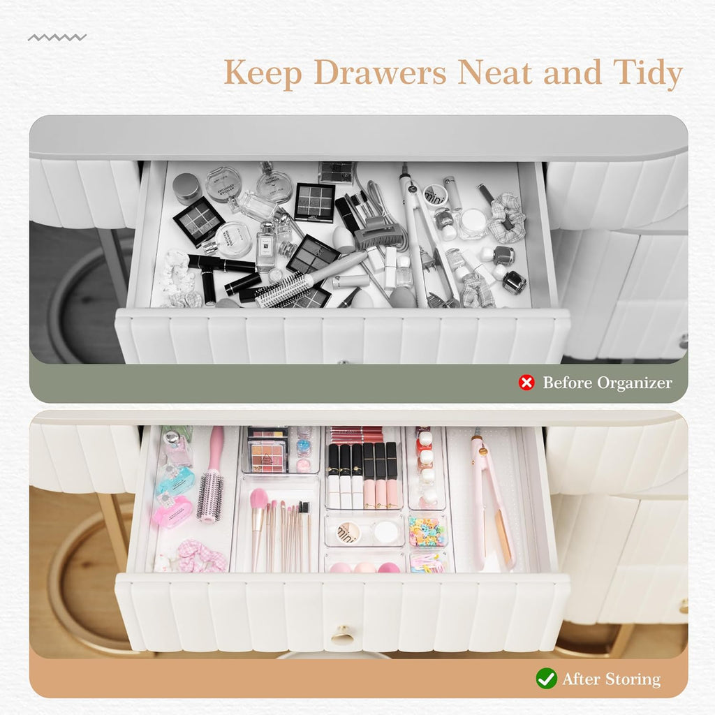 Criusia Drawer Organizer, 12 Pack Clear Plastic Kitchen Drawer Organizers Set,4-Size Versatile Bathroom and Vanity Organizer Trays,Storage Bins for Makeup, Bathroom, Jewelries and Office